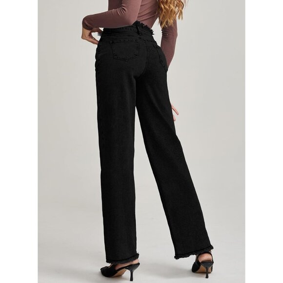 Womens High Waisted Raw Hem Jeans Stretch Wide Leg Straight Denim Pants - Picture 2 of 7